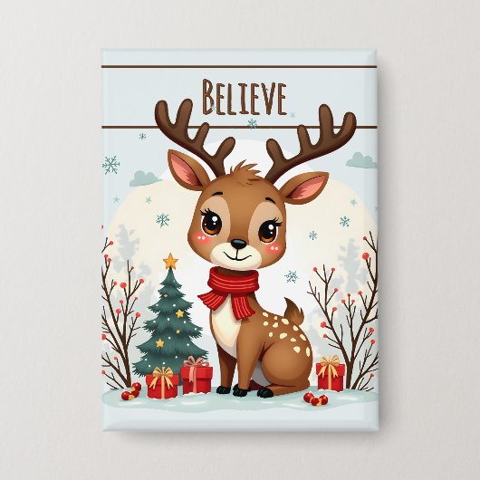 Badge Cute Christmas Reindeer Scene Snowy Forest (Recto)