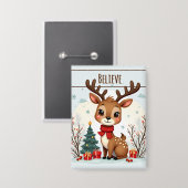Badge Cute Christmas Reindeer Scene Snowy Forest (Recto/Verso)