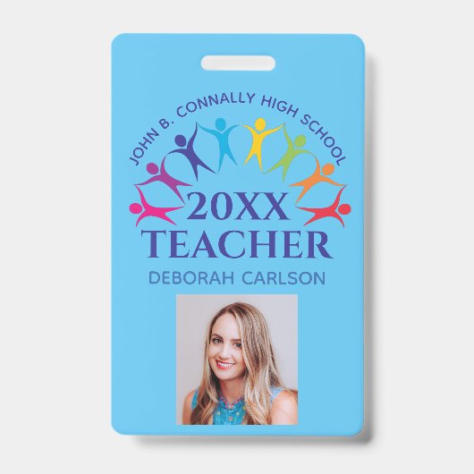 Badge Cute Custom School Teacher Rainbow Nom bleu (Avant)