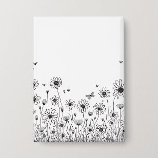 Badge Cute Flower Button – Black and White Wildflower