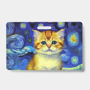 Badge Cute Kitten Starry Night Van Gogh