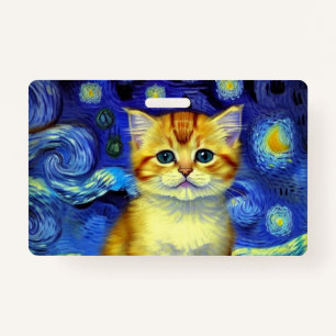 Badge Cute Kitten Starry Night Van Gogh