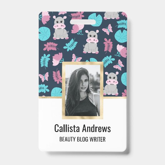 Badge Cute rose Turquoise Hippo Papillon Floral Lily Pad (Avant)