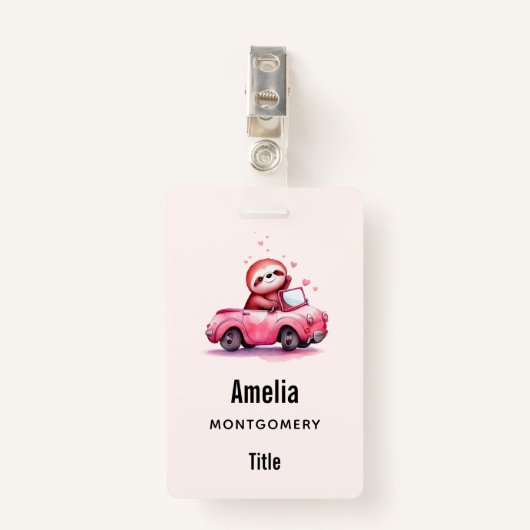 Badge Cute Sloth Driving a Pink Convertible (Devant avec clip)