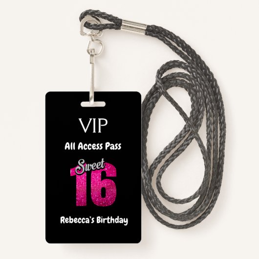 Badge Cute Sweet 16 Anniversaire VIP All Access Pass (Devant avec lanière)