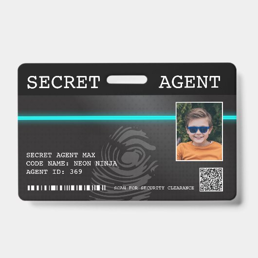 Badge d'agent secret espion interactif - Noir/Turq (Avant)