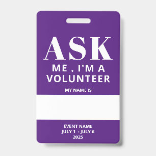 Badge de bénévole avec nom à remplir en violet