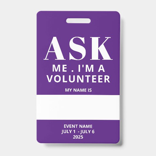 Badge de bénévole avec nom à remplir en violet (Avant)