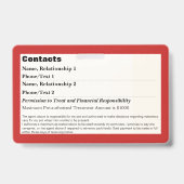 Badge de carte d'information d'urgence pour animau (Arrière)