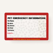 Badge de carte d'information d'urgence pour animau (Devant)