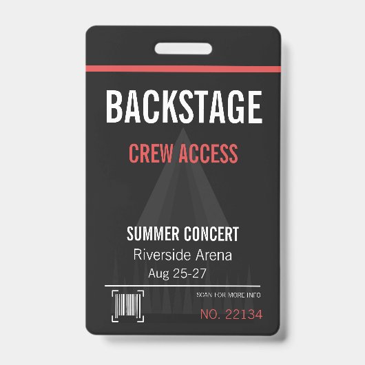 Badge de concert Accès Backstage avec code QR (Avant)