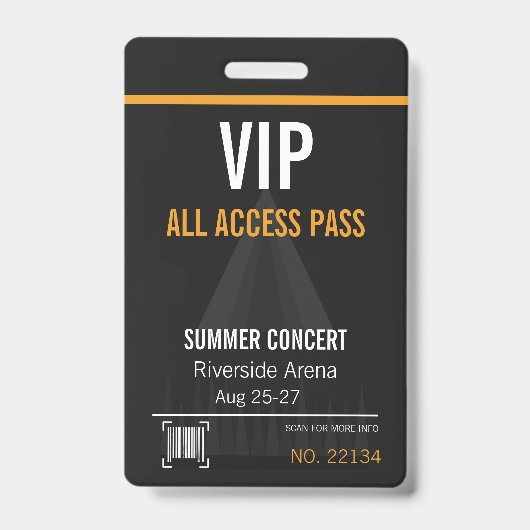 Badge de concert VIP avec accès total et code QR (Avant)
