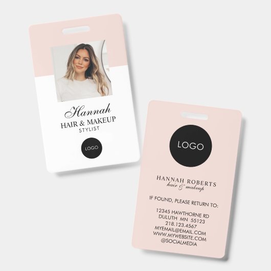 Badge de Maquillage Photo Cheveux Logo Script Rose (Avant & arrière)