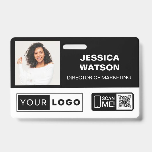 Badge de nom de l'employé noir avec logo et code Q (Avant)