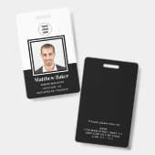 Badge de nom de photo d'employé moderne en noir et (Avant & arrière)