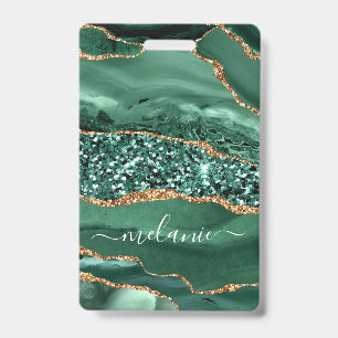 Badge de nom personnalisé Agate Vert Or Paillettes