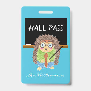 Badge de passe bleu pour enseignant hérisson mâle