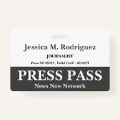 Badge de passe de presse gris foncé et blanc (Devant)
