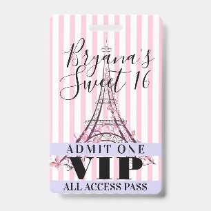 Badge de passe VIP pour la soirée Sweet 16 de la T
