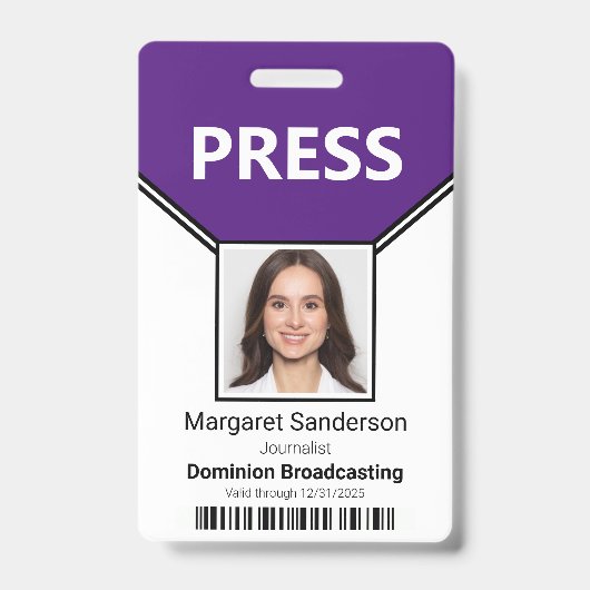 Badge de photo de passe presse et code-barres viol (Avant)