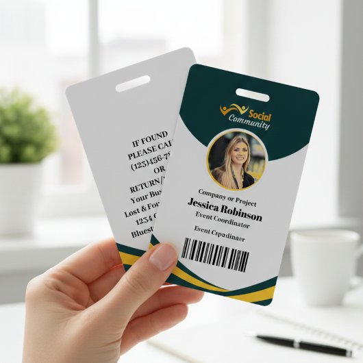 Badge de photo d'employé vert moderne avec code-ba