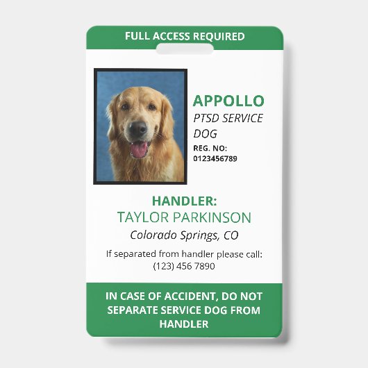 Badge de photo d'identification de chien de servic (Avant)