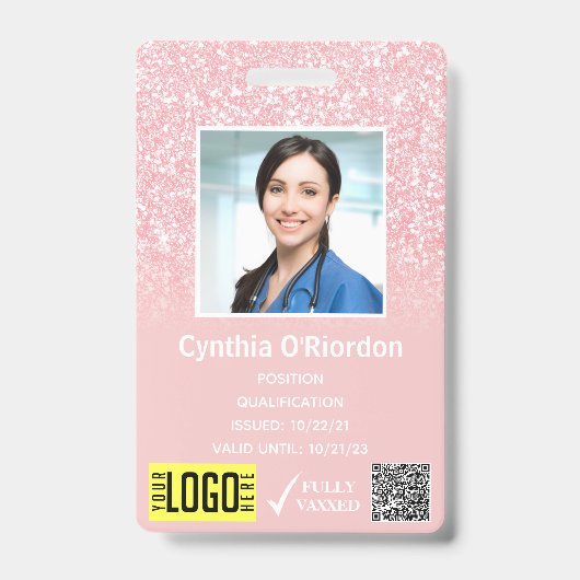 Badge de photo ID QR code barre rose pailleté (Avant)