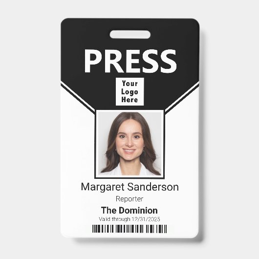 Badge de presse avec logo, photo et code-barres (Avant)
