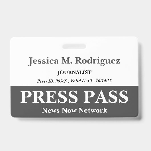 Badge de presse couleur gris foncé et blanc (Avant)
