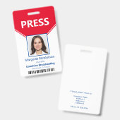 Badge de presse éditorial avec photo et code-barre (Avant & arrière)