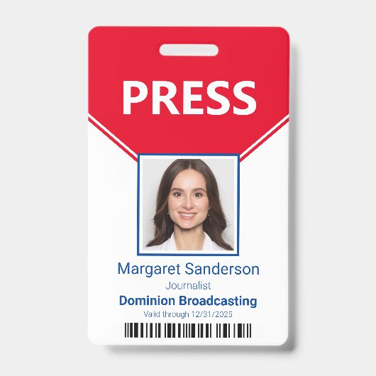 Badge de presse éditorial avec photo et code-barre (Avant)