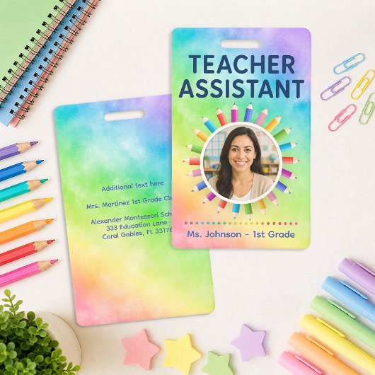 Badge de professeur assistant photo Crayons Arc-en