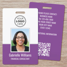 Badge de sécurité violet QR pour employés avec pho