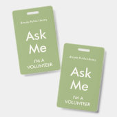 Badge « Demandez-moi » vert sauge pour bénévoles (Avant & arrière)