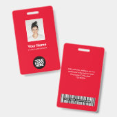 Badge d'employé entièrement rouge avec photo, code (Avant & arrière)