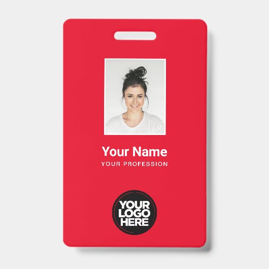 Badge d'employé entièrement rouge avec photo, code (Avant)