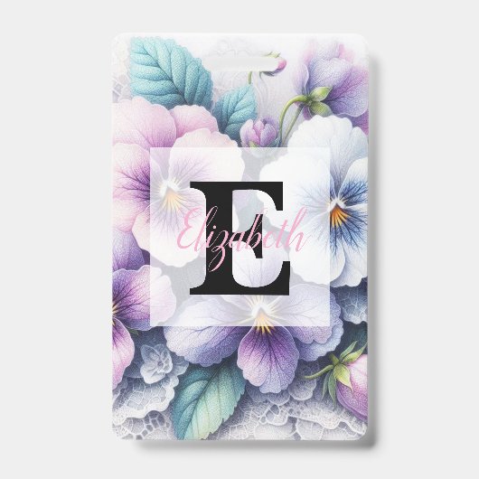 Badge Dentelle monogramme fleurs de pensées fleurs roses (Avant)