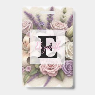 Badge Dentelle monogramme florale roses violettes lis la