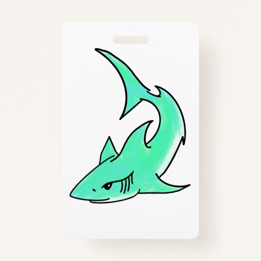 Badge dessin souriant requin menthe bleu vert océan anim (Devant)
