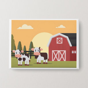 Badge Deux vaches et une grange rouge au lever du soleil