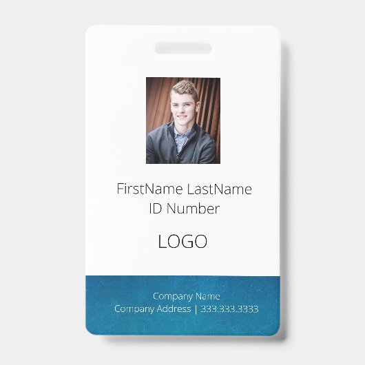 Badge d'ID employé bleu avec code barre (Avant)