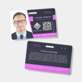 Badge d'ID photo de code QR violet | Employé (Avant & arrière)