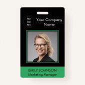 Badge d'ID photo de l'employé | Noir et vert | Cod (Devant)