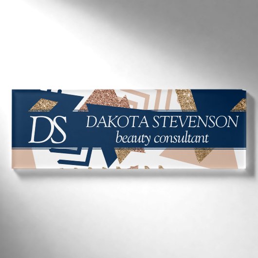 Badge D'identification 80s Abstrait tendance | Monogramme d'or marine et (Devant)