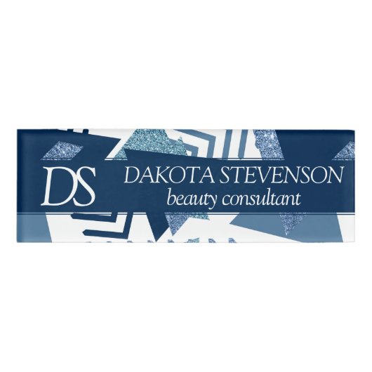 Badge D'identification 80s Luxe Abstrait | Monogramme Turquoise et Navy (Devant)