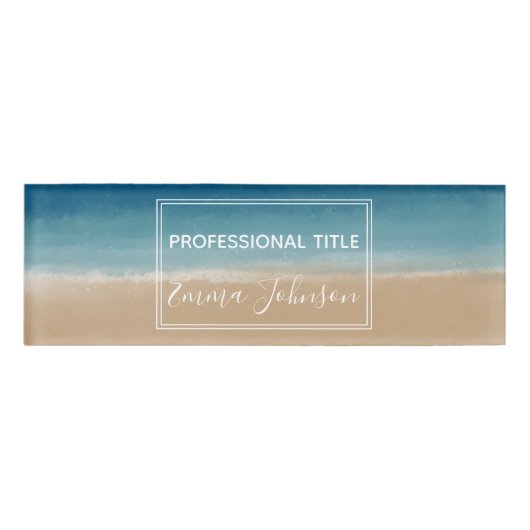 Badge D'identification Aquarelle moderne Gold Blue Beach (Devant)
