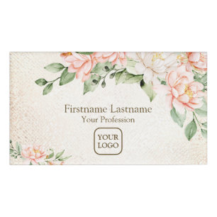 Badge D'identification Aquarelle Pêche Fleurs blanches Élégant
