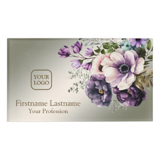 Badge D'identification Aquarelle violet rose Fleurs Golden Elegant