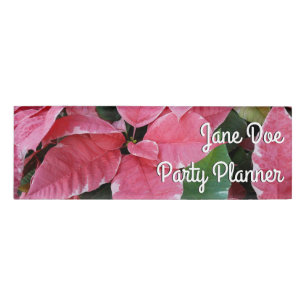 Badge D'identification Argent Star Marbre Poinsettias Pink Holiday Floral