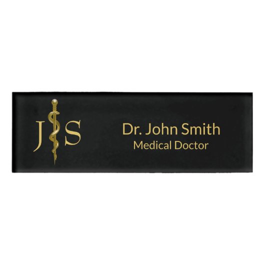 Badge D'identification Baguette Médicale d'Asclepius Gold sur Noir (Devant)